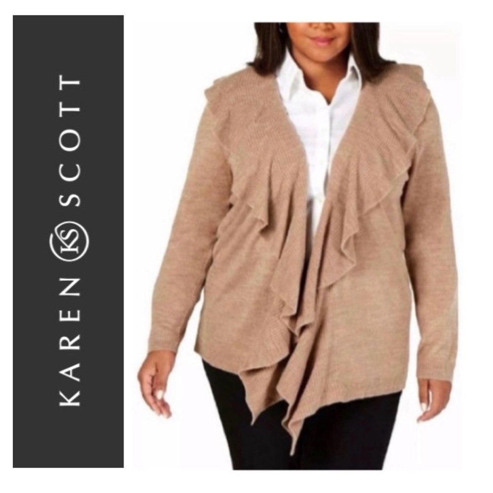 🥶 KAREN SCOTT Ruffle Ribbed Chestnut Heather Open Front Cardigan Sweater NWT 2X